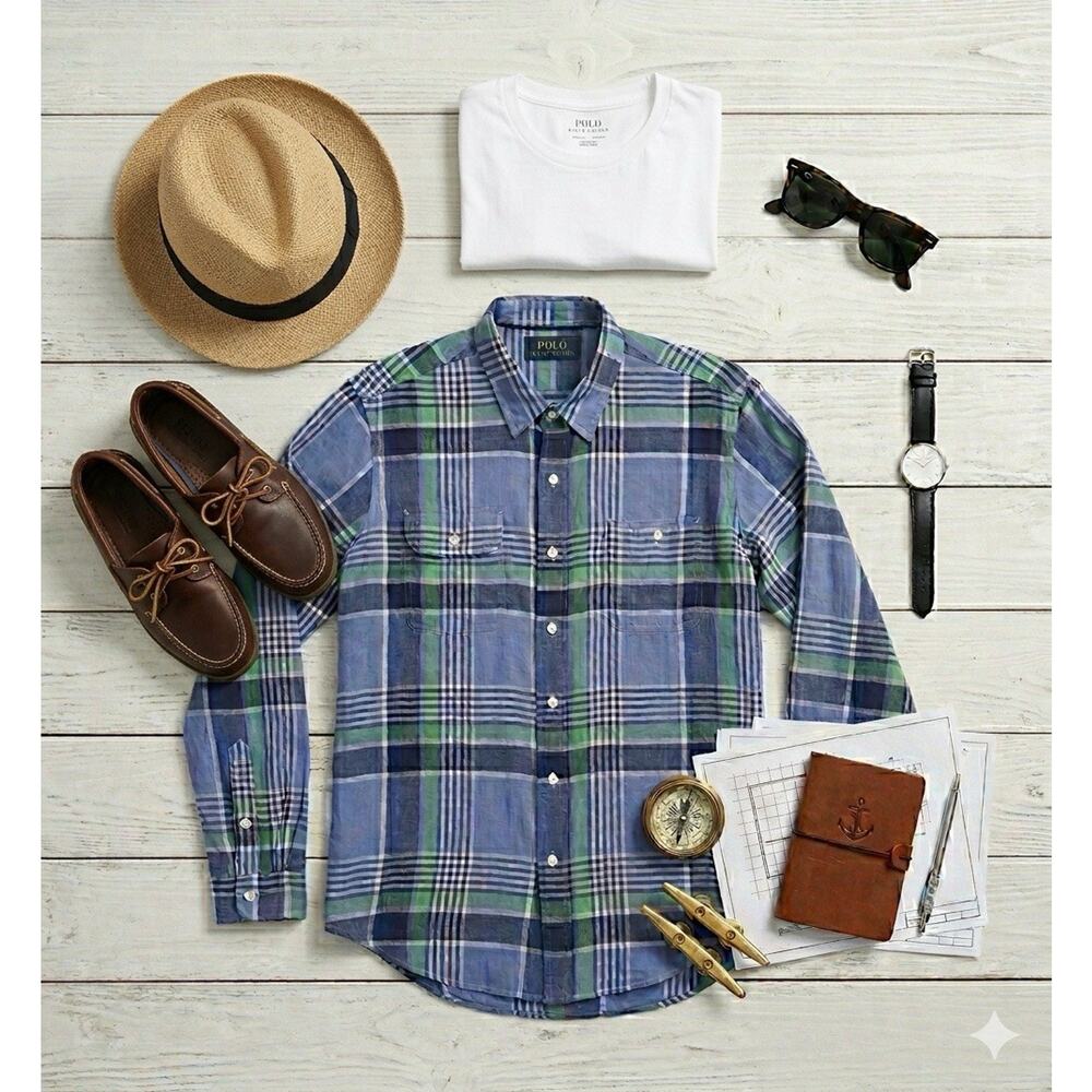 Polo Ralph Lauren Mens Med 100% Linen Plaid Long Sleeve Utility Shirt Blue / Grn - Picture 7 of 7